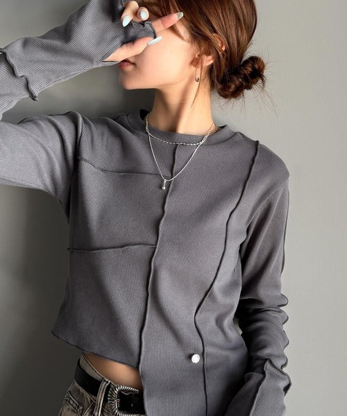 美品【萌 moyuru】アブストラクトプリント 長袖トップス アシンメトリー M 美品【萌 moyuru】アブストラクトプリント 長袖トップス