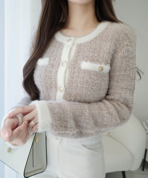 【おはぎ】未使用　ラメツィードニットジャケット mily bilet】ツィードライクフェザー切り替えラメニット