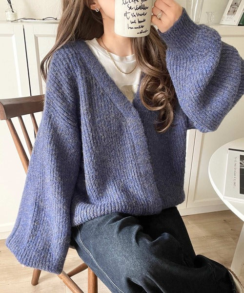 大人上品なニュアンスを演出◎比翼Vネックミックスニットカーディガン