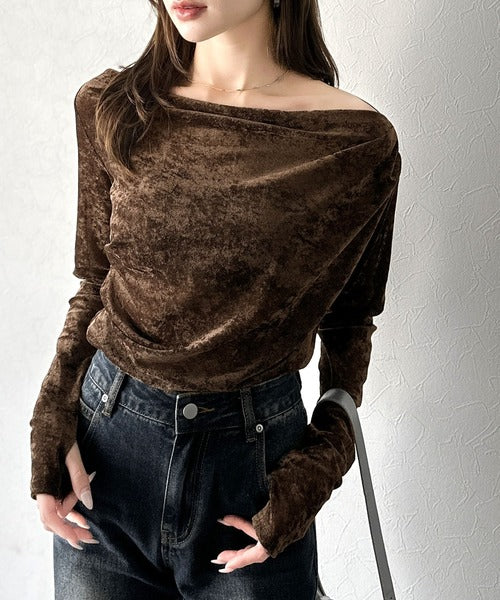 【mily bilet】一歩先のオシャレにアップデート！クラッシュベロアワンオフショルドレーププルオーバー（サムホール付き） mi1269007