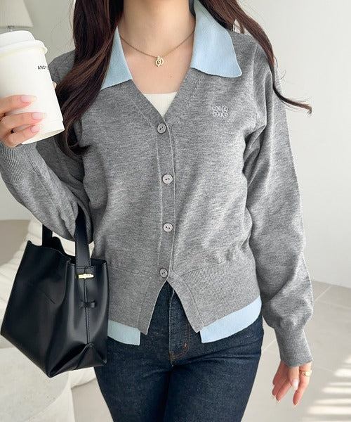 【mily bilet】着るだけ完成、コーデ迷子にさよなら♪胸刺繍ダブルカラーレイヤードニットカーディガン（長袖） mi1359021