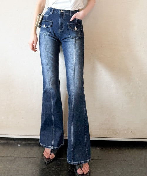 【mily bilet】脚、盛れすぎ注意！ポケットデザインストレッチフレアデニム mi0909009