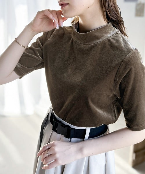 大人のサマーベロア。半袖モックネックトップス ce1020098