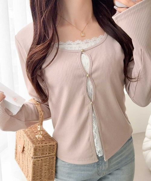 【mily bilet】重ね着風デザインで華やかに♪ レースキャミフェイクレイヤードトップス mi1329070