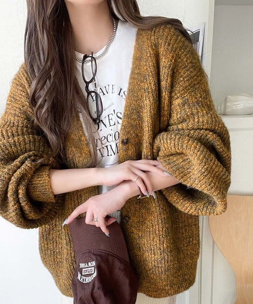 大人上品なニュアンスを演出◎比翼Vネックミックスニットカーディガン