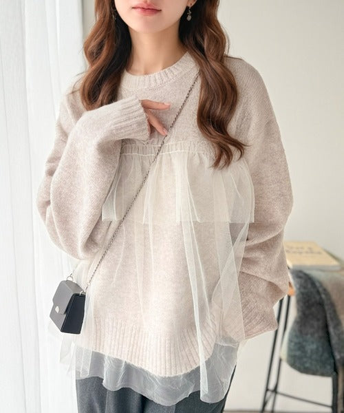 大人の女性にぴったり！チュールドッキングボリュームスリーブニット（長袖） ce1260441