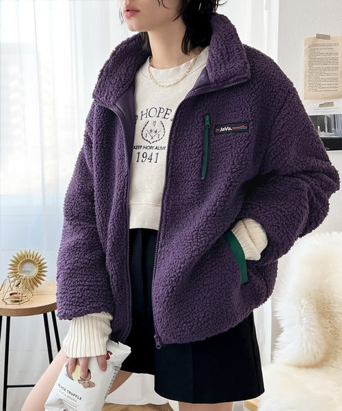 JaVa ジャバコラボ》レトロ×スポーツMIX。JaVaワッペン付き配色ボア