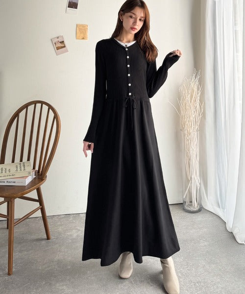 一枚で上品なラク可愛いが完成！ウエストリボンニットワンピース