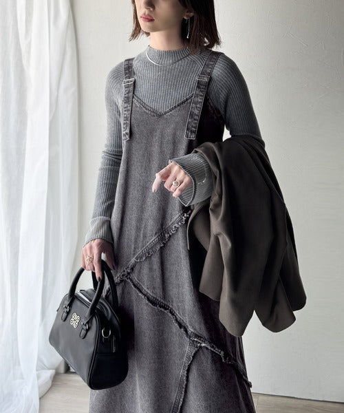 綿100％☆大人カジュアルを極める!Vネックフリンジ切り替えデニム