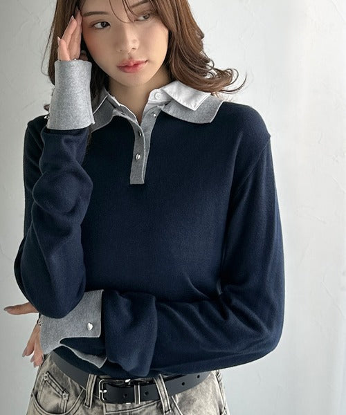 【mily bilet】重ね着風で上品見え◎レイヤード風シャツダブル襟使いカフス切り替えニットプルオーバー（長袖） mi1029159