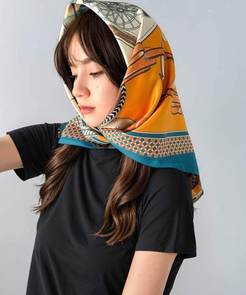 上品カワイイ♪90cm×90cmパネル柄シルクライク大判スカーフ
