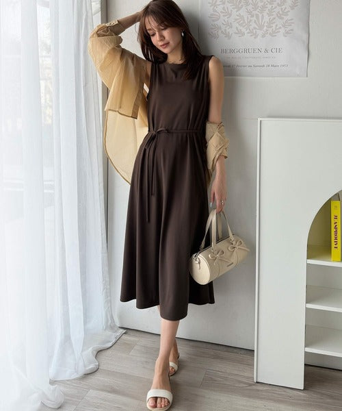 選べる2丈！ウエストリボン ボートネック 美ラインノースリーブ