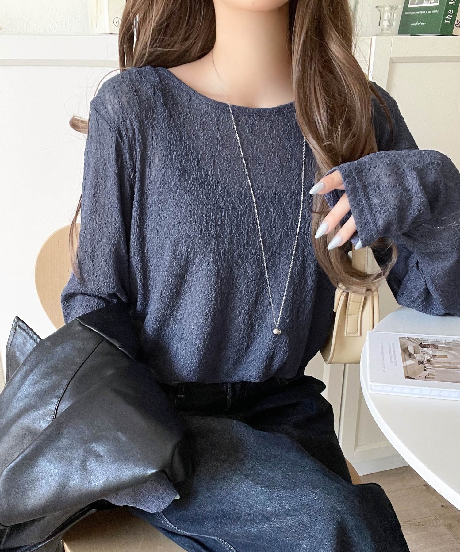 SHISHIKUI レース 長袖トップス ブルーグレー SHISHIKUI レース 長袖トップス ブルーグレー