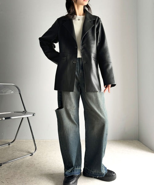 超激得，低価 FKYM JAPAN フェイクレザーテーラードジャケット 3L△5163