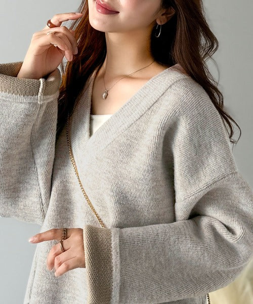 深めのネックが大人の抜け感をプラス◎WFACE Vネック配色ニットPO
