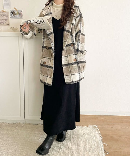 mily bilet】冬のコーデを引き立てる。起毛ブークレチェック柄コクーン