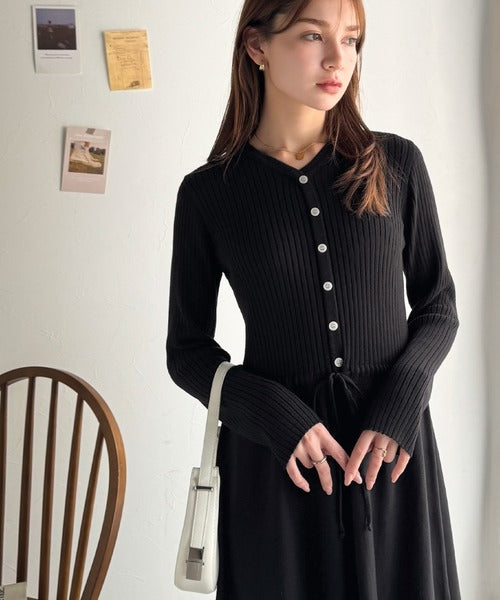 一枚で上品なラク可愛いが完成！ウエストリボンニットワンピース