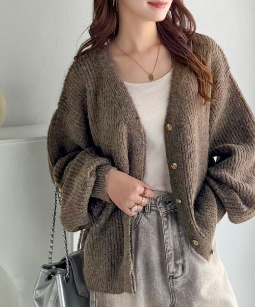 大人上品なニュアンスを演出◎比翼Vネックミックスニットカーディガン