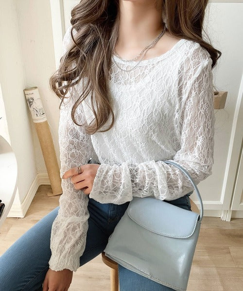 大人の上品映えレースアイテム。袖ギャザーレーストップス（長袖