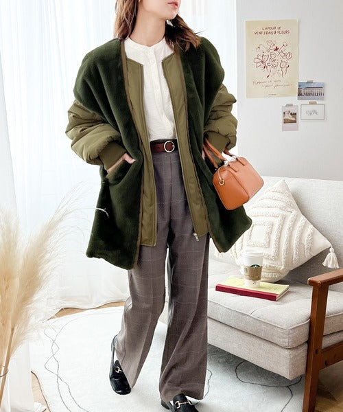 1枚でお洒落映え。フェイクファードッキング中綿ジップブルゾン