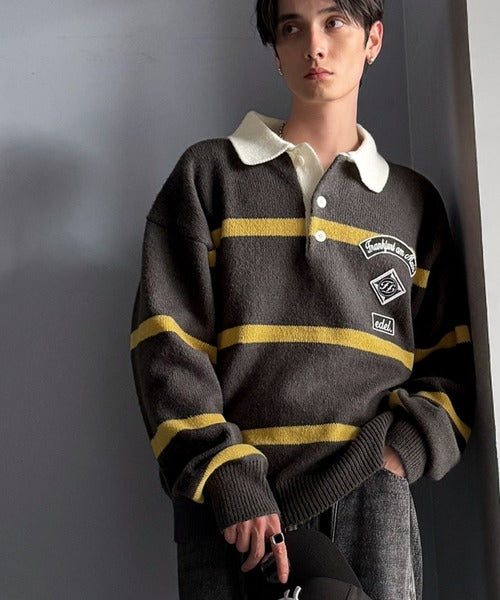 美品　状態良し JIL SANDER ブラック ニットポロ　イエロー襟 JaVaジャバコラボ》ワッペンデザインラガーポロニット（長袖