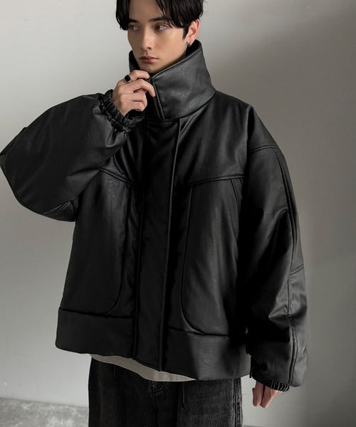 ヴィンテージ レザー スタジャン ブルゾン ジャケット ボアロゴ 中綿 防寒古着 古着 70~80年代 Fordham 中綿入り 袖革ウールボタンスタジャン バー