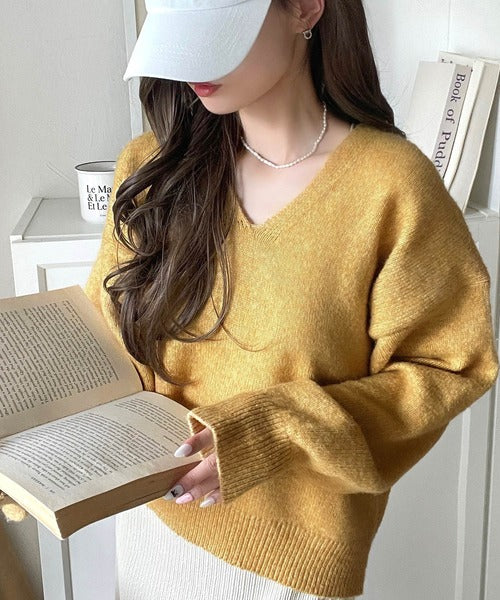 ふわっと軽やか◎メランジ調Vネックニットプルオーバー（長袖