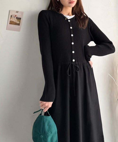 一枚で上品なラク可愛いが完成！ウエストリボンニットワンピース