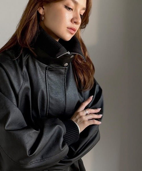 エディーバウワー　衿レザー切替　短丈ブルゾン　ヴィンテージ　ネイビー CIAOPANIC（チャオパニック） ブルゾン アウター 襟切替2WAY