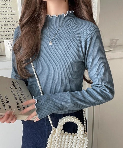 華奢見え叶える程よいフィット感。配色メロウリブニットトップス（長袖