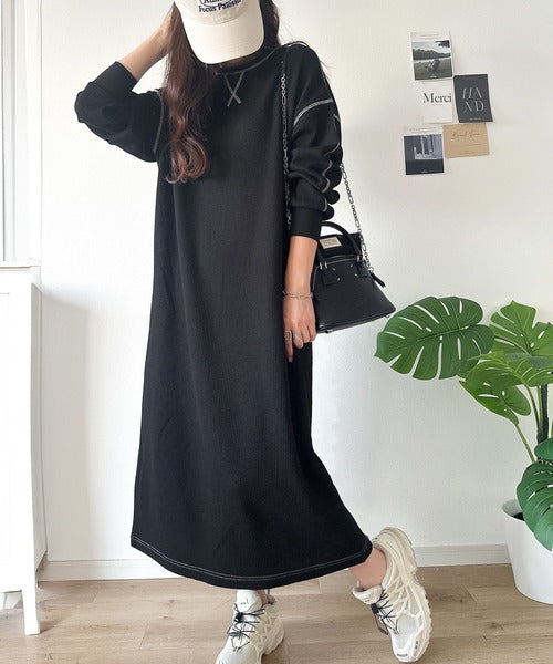 JaVaジャバコラボ》後姿が可愛い◎配色ステッチワッフルロング