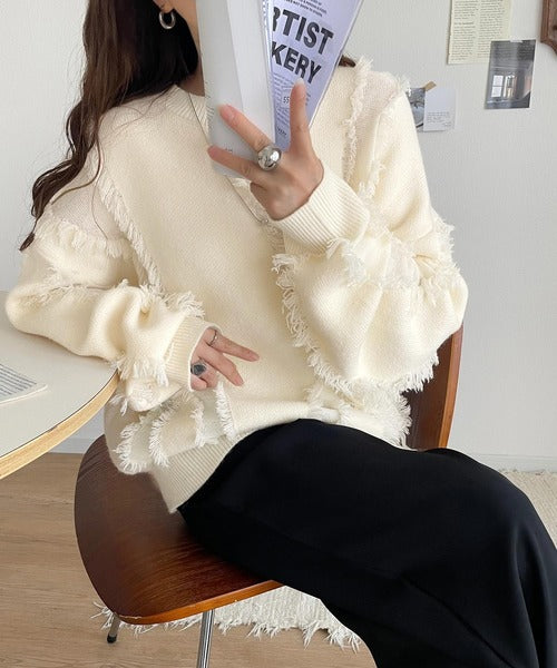 もふり隊ん♡さまオーダー品ページ ゆるっとこなれ感◎男女兼用可♪フリンジ配色オーバーニット（長袖