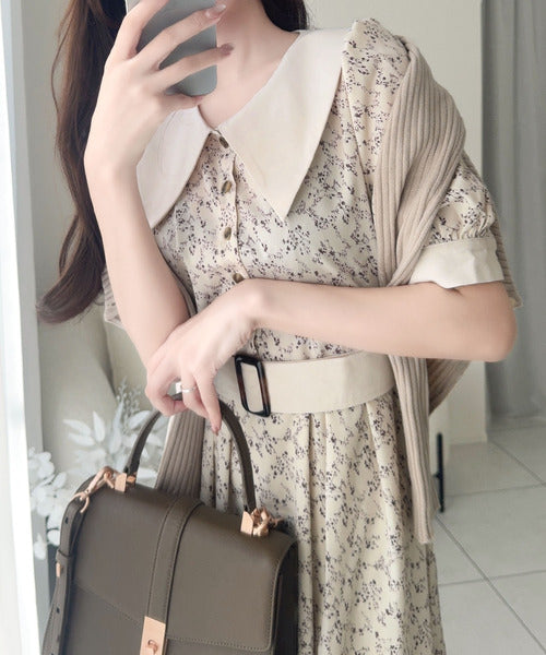 mily bilet】トレンドのレトロガーリー♪小花柄ベルト付きビッグカラー