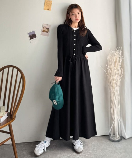 一枚で上品なラク可愛いが完成！ウエストリボンニットワンピース