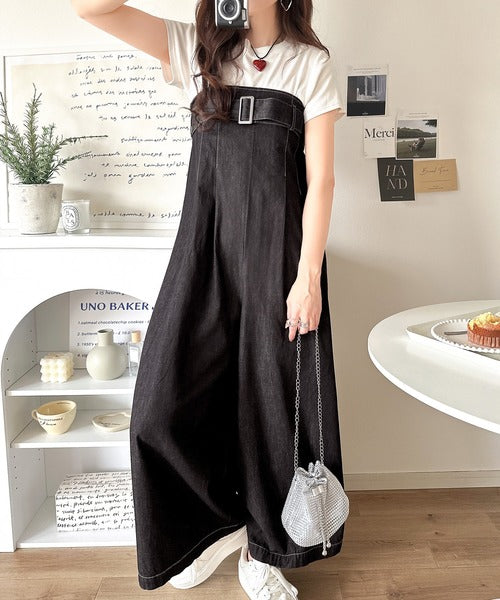 新品 ESICA デニムサロペット＋ブラウス ESICA/エシカ][SET]ラッフルカラーブラウス+デニムカーゴ