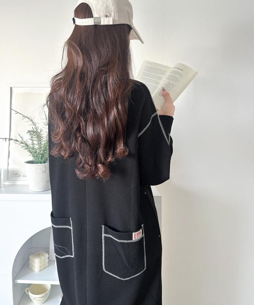 JaVaジャバコラボ》後姿が可愛い◎配色ステッチワッフルロング