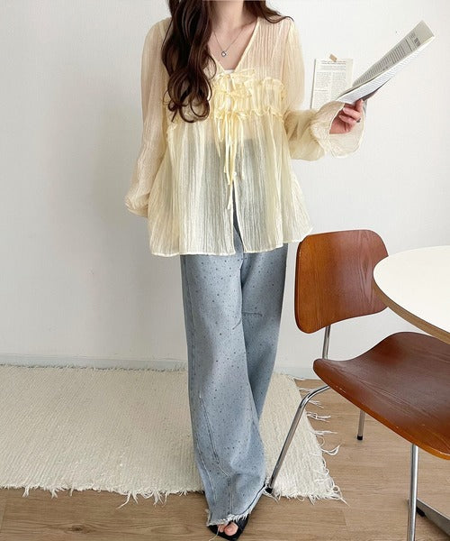 mily bilet】軽やかガーリー。リボン使いシアー楊柳フリルカーディガン