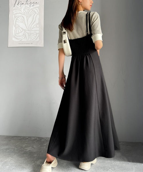 大人のエレガントテイスト。麻調ダブルストラップアシメキャミフレア