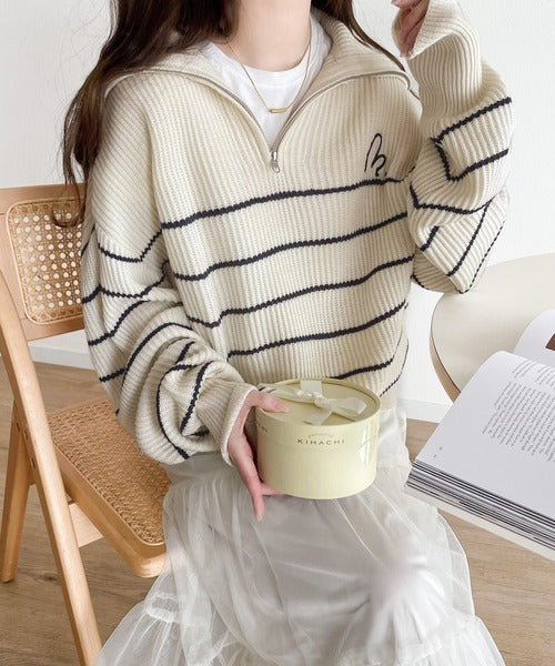 mily bilet】キュンと大人可愛いボーダーニット。胸刺繍ハーフジップ