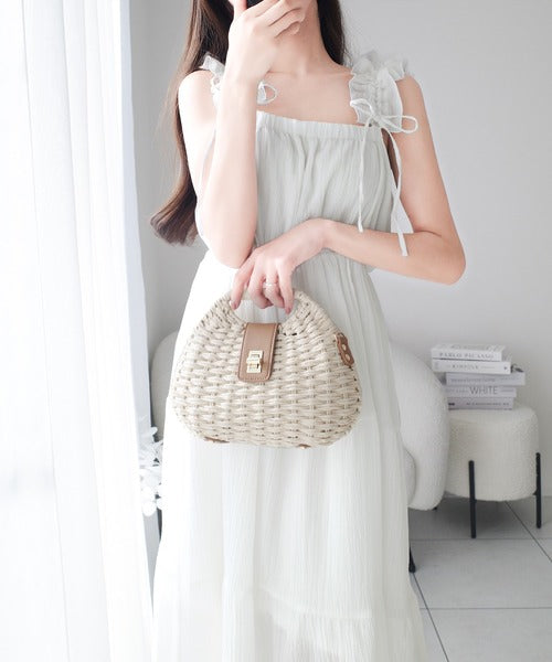 GOLDS同型♡ビジューバックル付きAラインラッフルフリル♡ホルターキャミワンピ mily bilet】甘くて軽やか。フリルショルダーAラインティアード