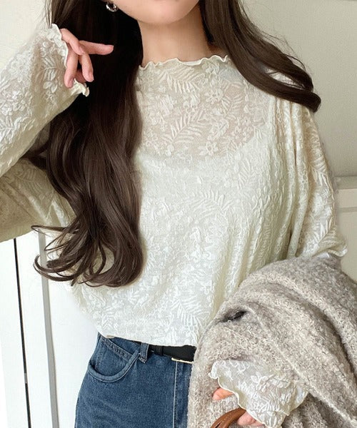 透け感花柄長袖トップス 透け感で魅せる、秋の上品レイヤード。プチハイネック花柄レースメロウ