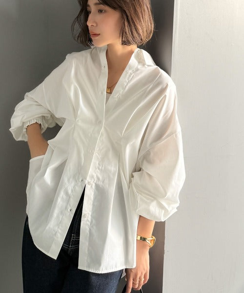 甘さ控えめの好バランス◎ウエストタック袖フリルビッグ長袖シャツ