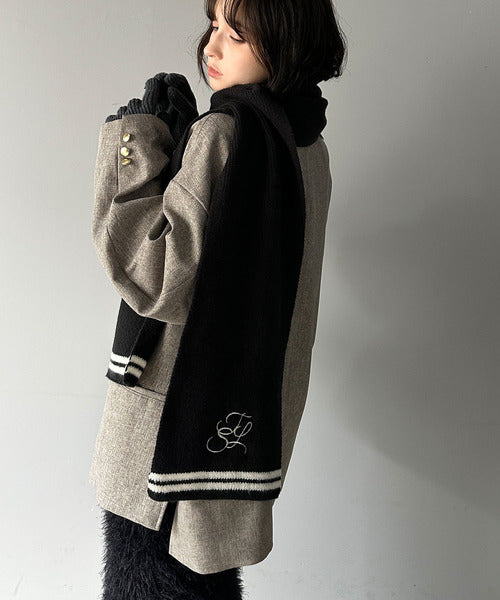 柔らか暖か。上品なロゴ刺繍入りラインニットマフラー（ストール