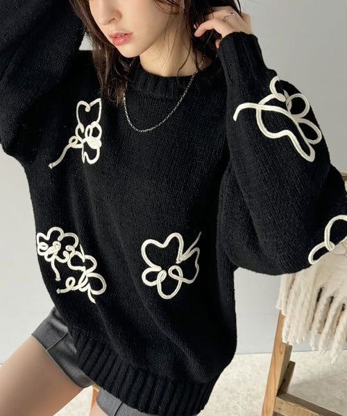 希少✨定価4.5万✨ミュベール イチゴ刺繍ニット ネイビー コットン スムース編みバック釦ニット/洗える(ニット・セーター) | MK MICHEL