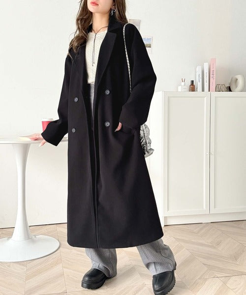 新品☆3L4L♪黒系♪ヘアリー素材♪ゆったりWチェスターコート☆A317 洗練された秋冬スタイルを彩る。フェイクウールベルト付きダブル