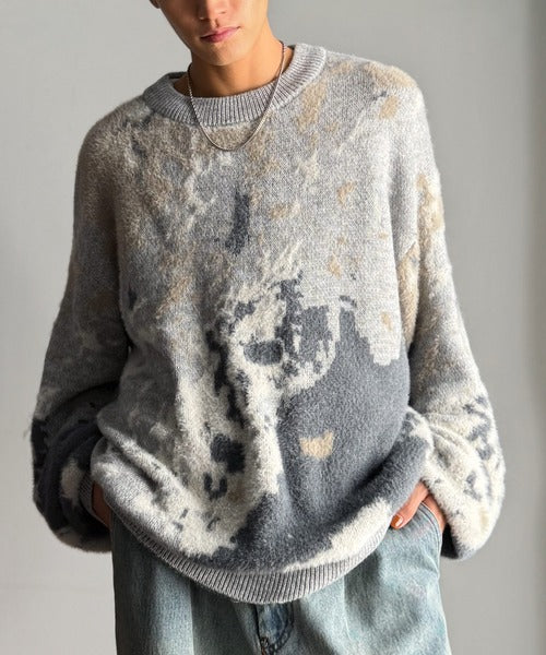 【Y's】ワイズ 落書き柄 インターシャニットプルオーバー 近年モデル　グレー JaVaジャバコラボ》視線を釘付け。アブストラクト柄ニットプルオーバー