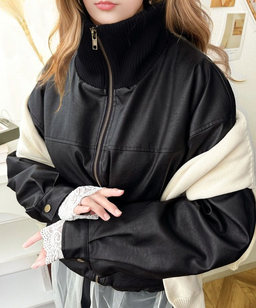 希少✨️極美品♡courreges　スタンドカラージャケット　ライダース　中綿 レザージャケット レディース 合皮ジャケット スタンドカラー