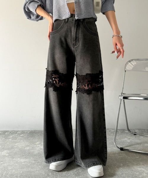 レース付きワイドレッグデニムパンツ mily bilet】特別な個性を持つオンリーワンの仕上がり！花柄レース