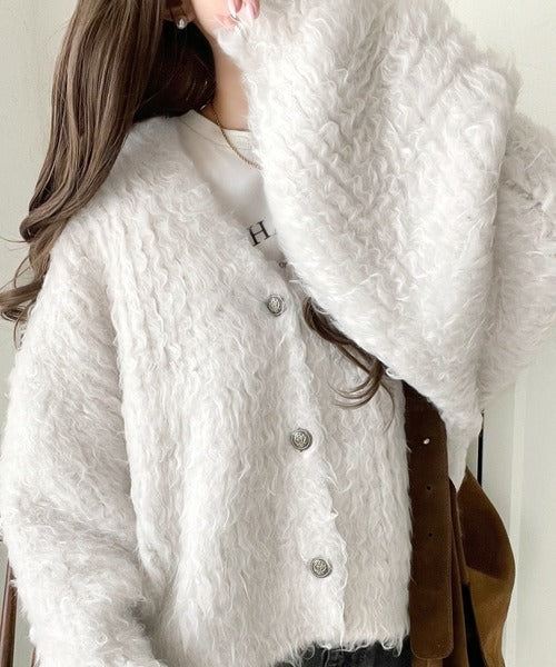 ジョゼフ／カシミヤ100% ボリューム袖Vネックカーディガン オフホワイト 白 ふんわりボリュームで華やかに◎ロイヤル起毛Vネックカーディガン