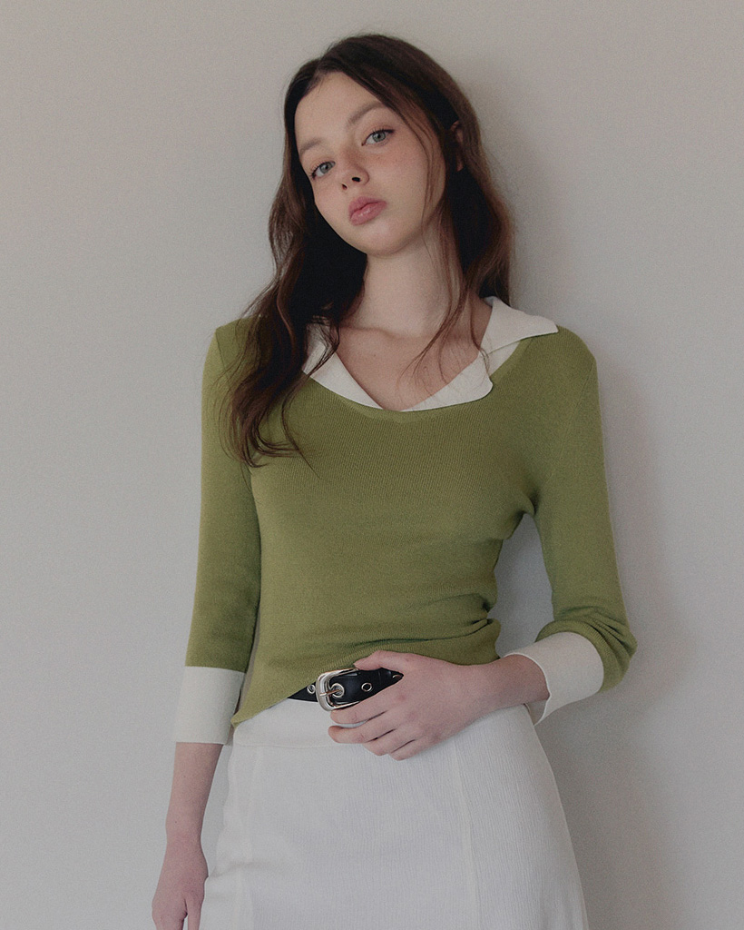 Bellon contrast collar 3/4 sleeve knit